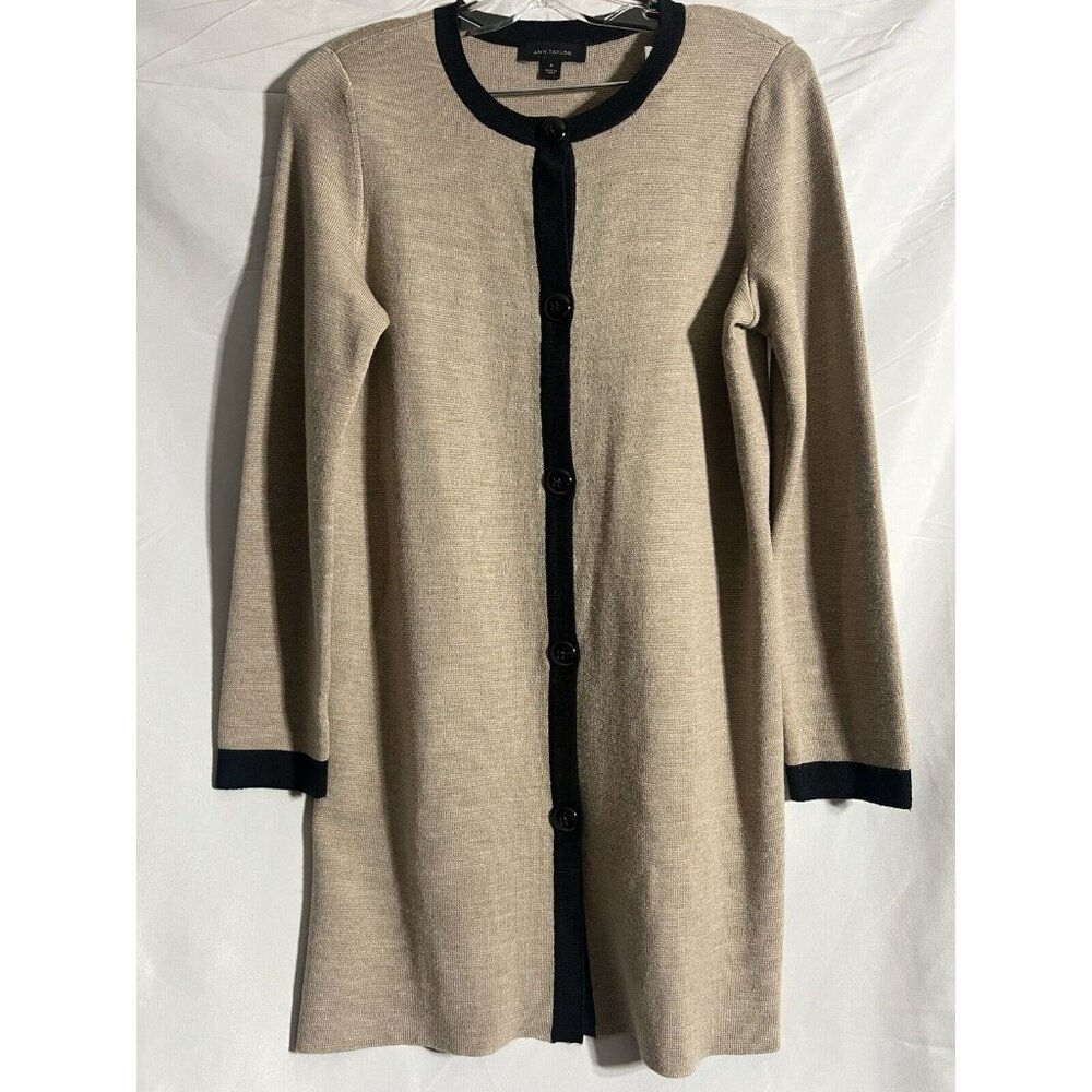 Ann Taylor Sweater Cardigan Duster Medium Vtg Wool Blend Taupe/Black Work Office